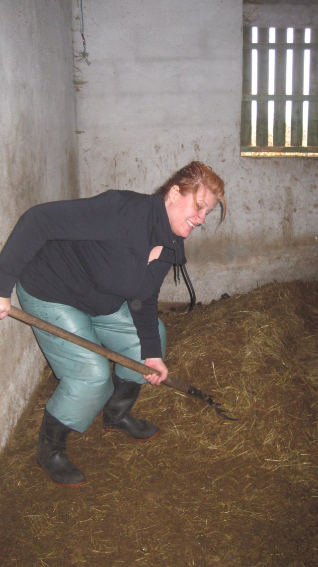 Laura shoveling shit